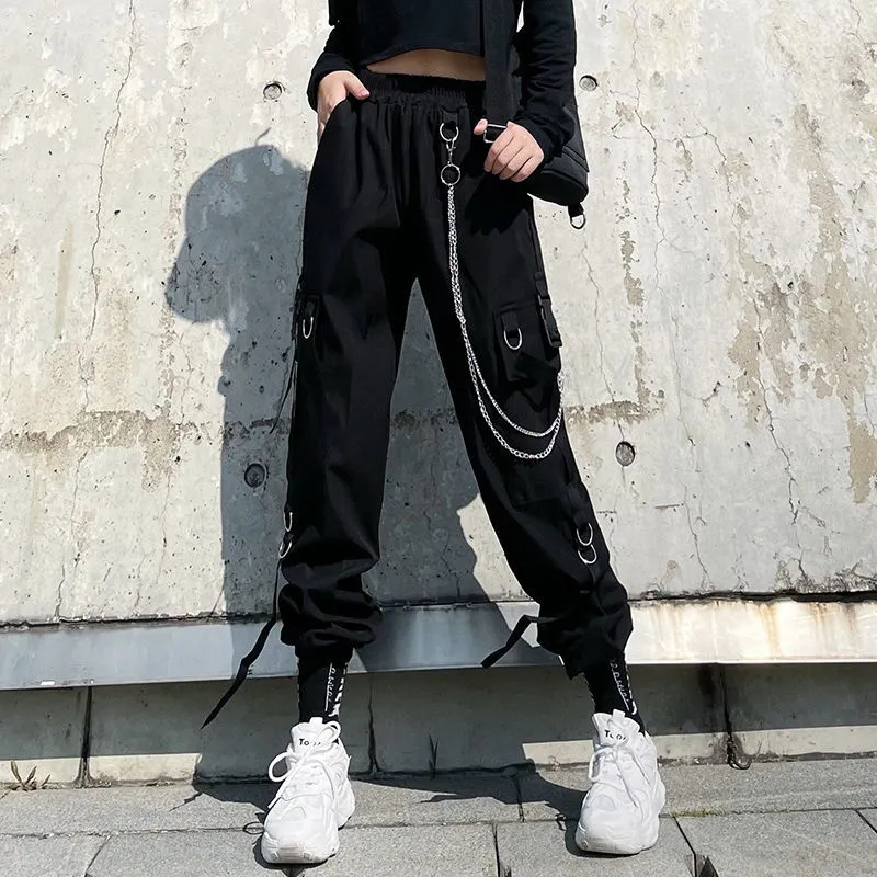 Fleece Womens High Waist Cargo Pants Winter Sportswear Pants Harajuku With Chain Female Cargo Pants Elastics Trousers