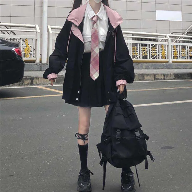 Japon Kawaii Fermuar Pembe Kadın Ceket Kore Renk Eşleştirme Kış Giysileri Gevşek Sevimli Kadın Coat Manteau Femme 210818 Tops
