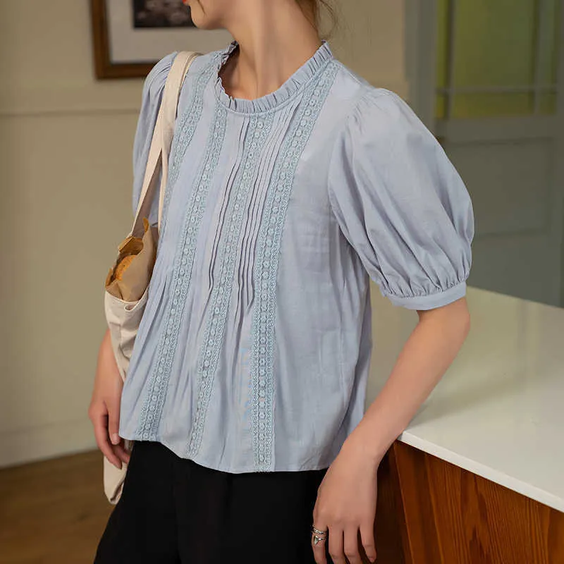 Snygg Ruffled Collar Blouse Lady Broderad Fransk Vit Kortärmad Skjorta Kvinna Puff Sommar Top Loos Casual Shirts 210601