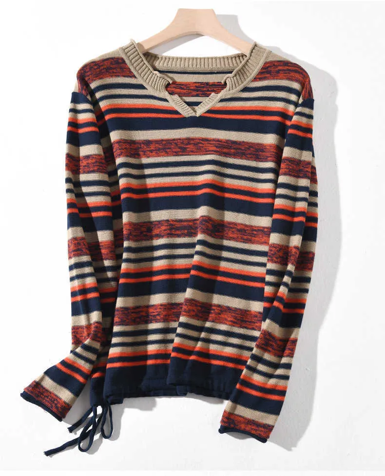 Maglioni larghi a righe moda pullover con scollo a V autunno inverno coreano casual lavorato a maglia maglione da donna maglione 210922