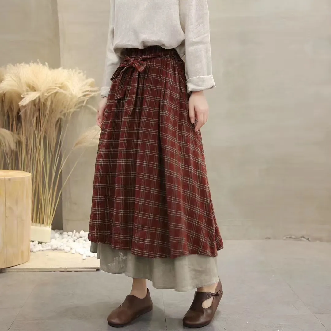 Lamtrip Unique Vintage England plaid Elastic waist A-Line bow belt layers skirt mori girl June new arrival 210306