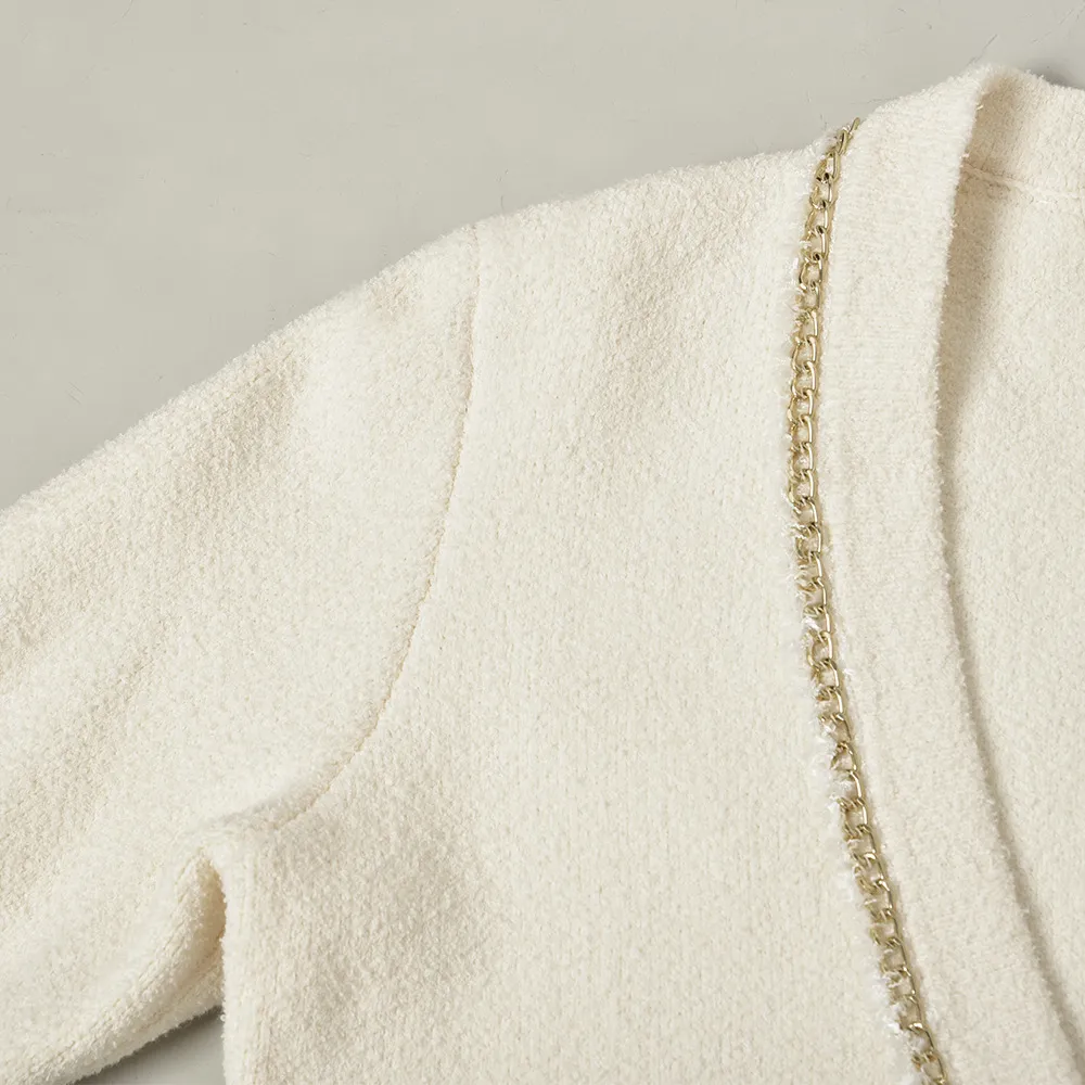 2021 Jesień Spadek 3/4 Rękaw V dekolt Sweter Sweterski Francuski Styl Solid Color Knitted Podwójne kieszenie Kontrast Łańcuchy wykończeniowe Single-Breasted Scaligan Swetry G121008