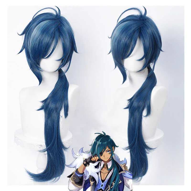 Genshin Impact Kaeya Cosplay Mannen 80 cm Lange Inkt-blauw Pruik Kostuum Hittebestendige Synthetisch Haar Peluca Anime pruiken Y0913