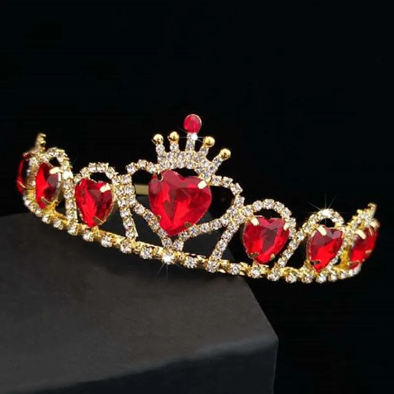 Заколки для волос Заколки в стиле барокко Золотого цвета Диадемы Красное сердце Королева Принцесса Короны Хрустальная повязка на голову Детские свадебные аксессуары для девочек J293W