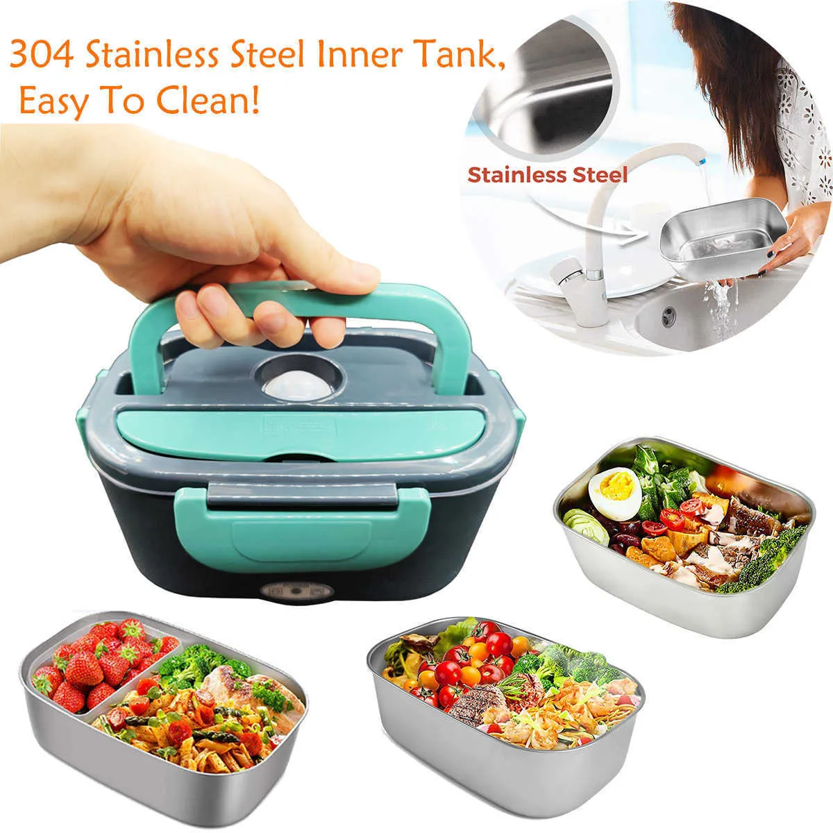 Stainless Steel 2 In 1 Electric Heating Lunch Box 110V 220V 12V 24V Car Office School Food Warmer Container Heater Lunch Box Set 210925