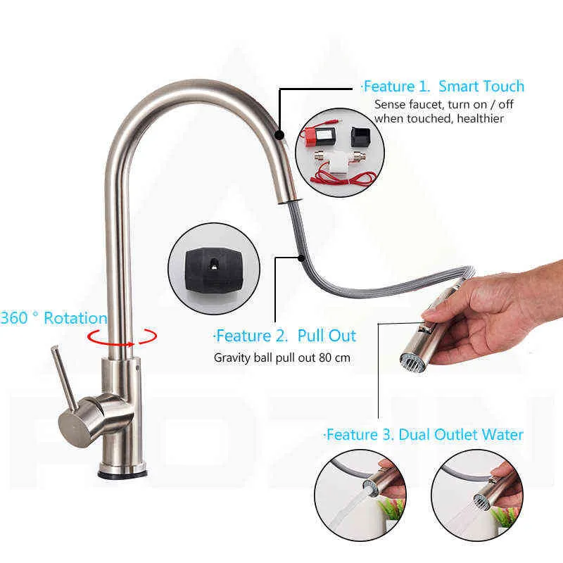 Rozin Smart Touch Kök Kran Borstat Guld Poll Out Sensor Kranar Svart / Nickel 360 Rotationskran 2 Outlet Water Mixer Kranar 210724