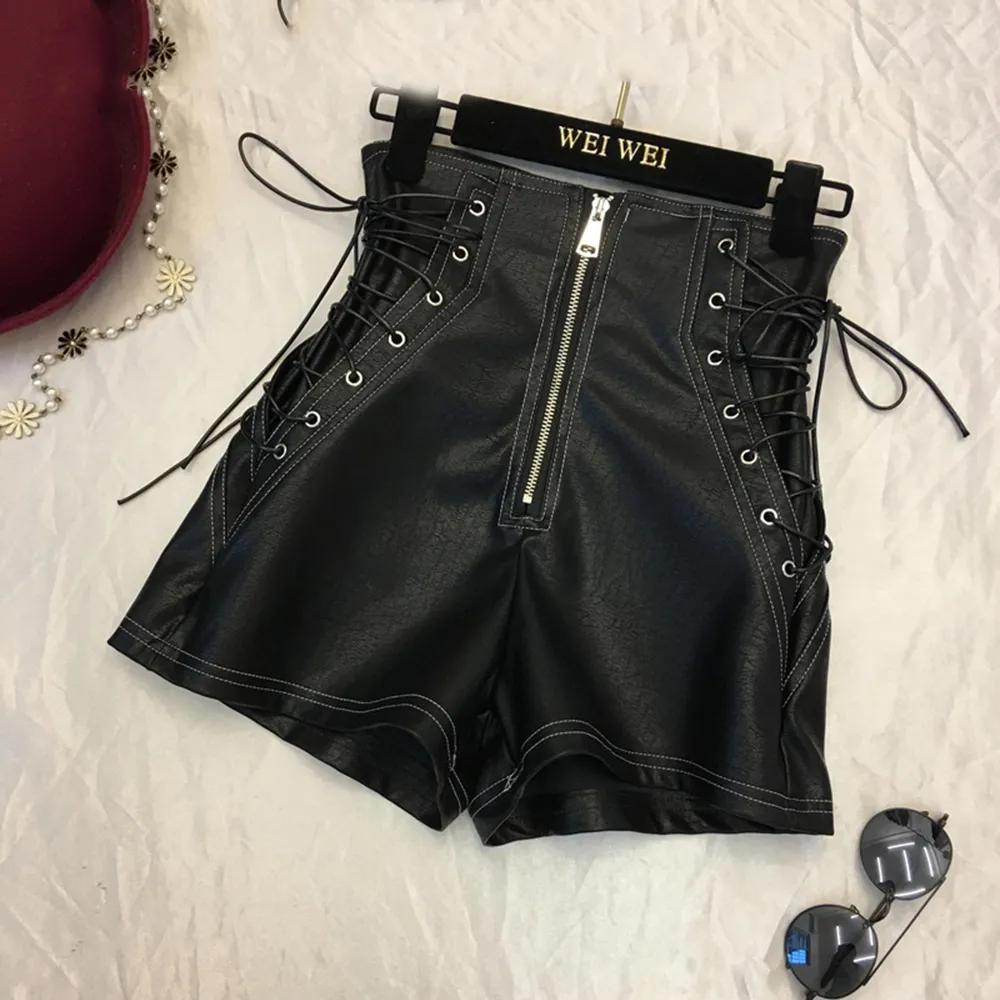 ROSETIC PU Läder Kvinnor Shorts Casual Gothic Sexy Club Punk Hip Hop Straight Thin High Waist Zipper Black Kvinna Sommar Shorts 210301