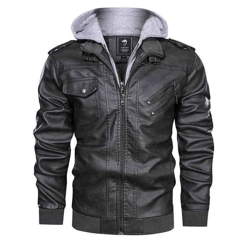 Wintermode Motorrad Leder übergroße Jacke Männer Slim Fit Pu-Leder wasserdichte warme Kapuzen-Lederjacke Mäntel 211111