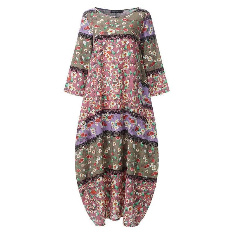 BOHO Baskılı Maxi Elbise Vintage Rahat Pamuk Keten Elbise Kadın Vestidos Patchwork Robe Artı Boyutu S-5XL Gevşek Cebi Uzun Elbise Y0118