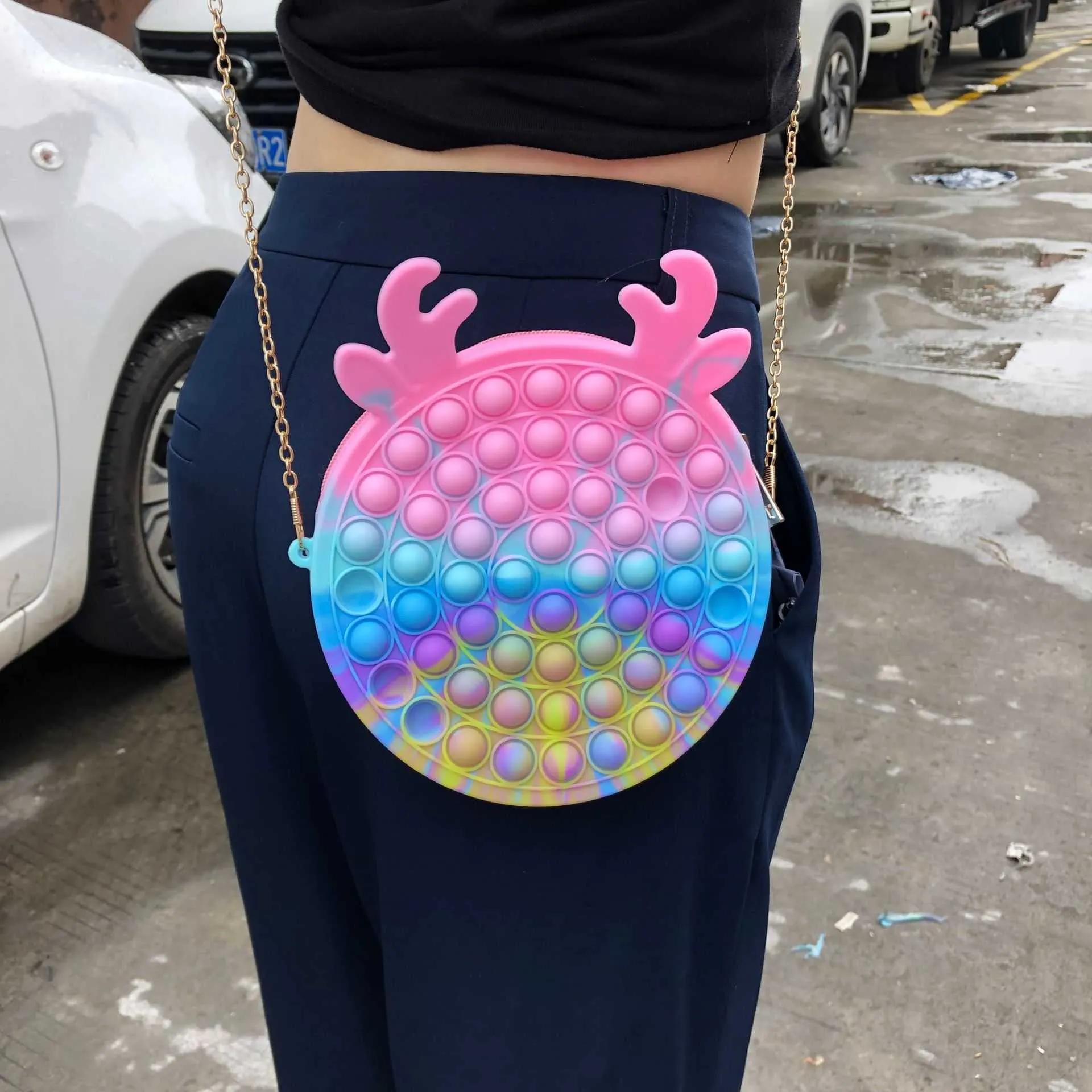 Tie Dye Macaron Rainbow Fidget Crossbody Chain Sacs Push Pops Pop Pops Fanny Pack Backpacks Rectangle Sac à main Comitic Making Bag Pen8929127