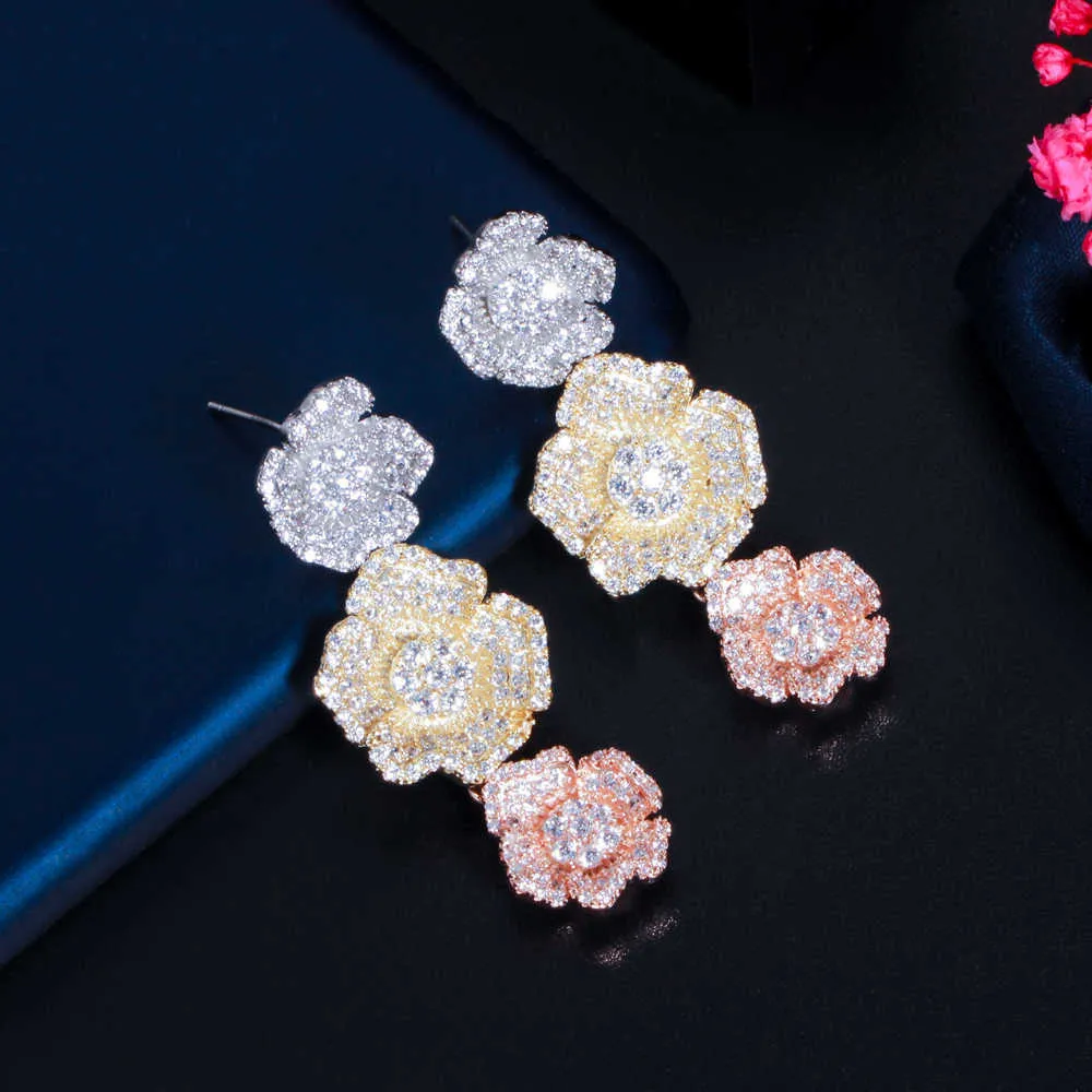 3 Tone Gold Color Cubic Zircon Cluster Flower Drop Dangle Long Women Party Wedding Earrings Engagement Jewelry CZ886 210714