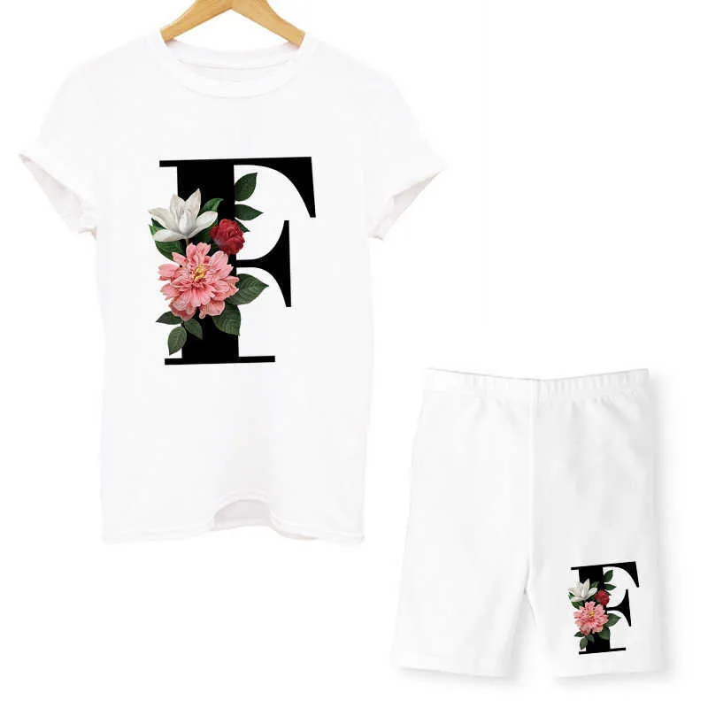 Two Piec Set Flower Letter Women Print T-shirt e pantaloncini SummerCasual Joggers Biker Vestito sexy ragazza, Drop Ship 210720