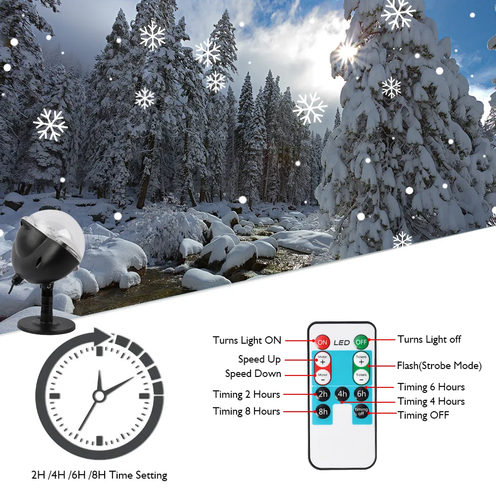 LED nevicata proiettore di luce impermeabile IP65 esterno Natale fiocco di neve faretto con telecomando il compleanno di Halloween Y201006