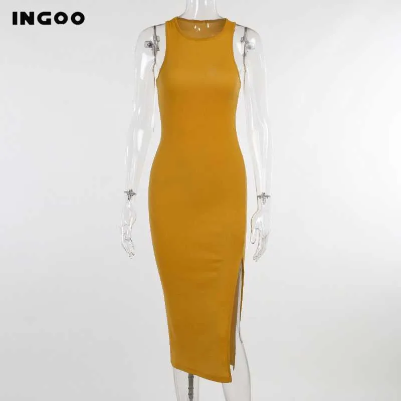 INGOO Bodycon Tank Dress Women Split Tight Commuter Long Robe Yellow Black Elegant Sundress Casual Office Knee Sheath Dresses Y1006
