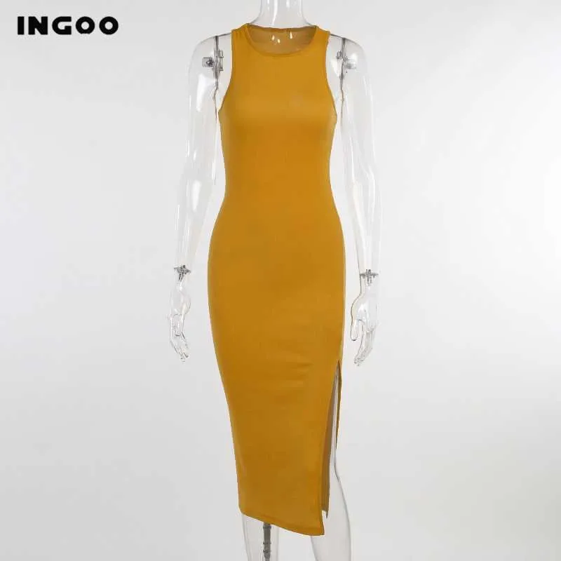 Ingoo Bodycon Tank Elbise Kadınlar Bölünmüş Sıkı Banliyö Uzun Robe Sarı Siyah Zarif Sundress Rahat Ofis Diz Kılıf Elbiseler Y1006