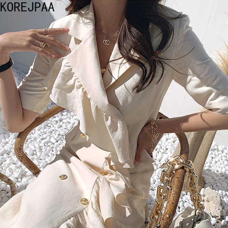 Korejpaa Dames Jurk Zomer Koreaanse elegante pak kraag ruche stiksels ontwerp dubbele breasted slanke korte mouw jurken 210526
