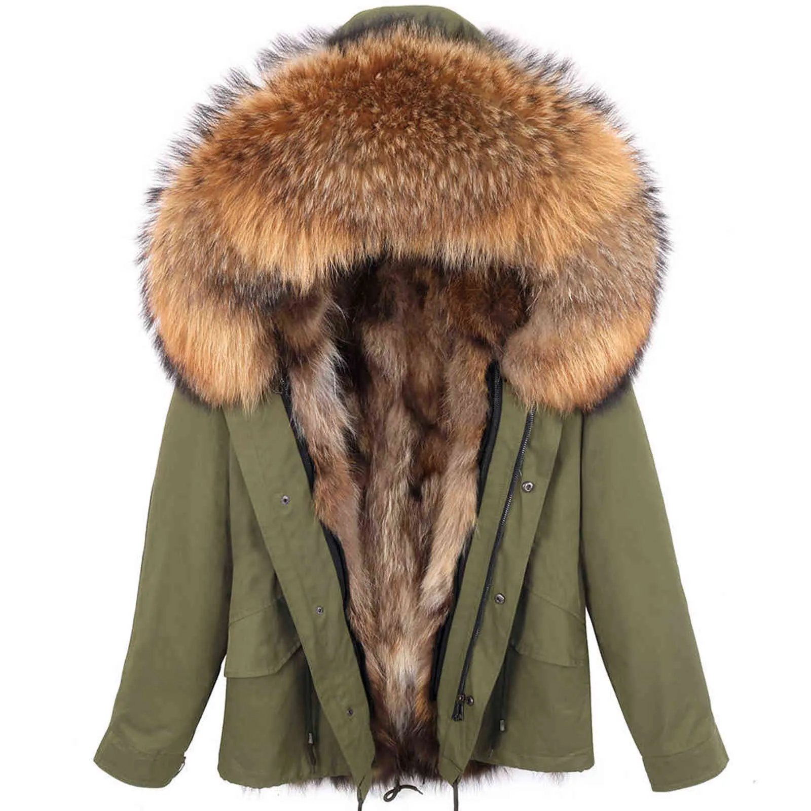 ロシアのナチュアの毛皮の裏地パーカーコート本物の毛皮のコート冬のジャケット女性自然なアライグマの毛皮の襟の暖かい厚いパーカー211110