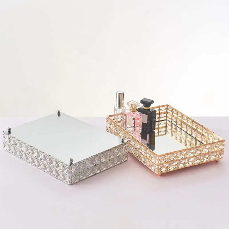 Make up Tray Crystal Cosmetic Organizer Tray for Wedding Home Vanity Decorating Fruit Cake Candle Candy Jewelry Tray 210309