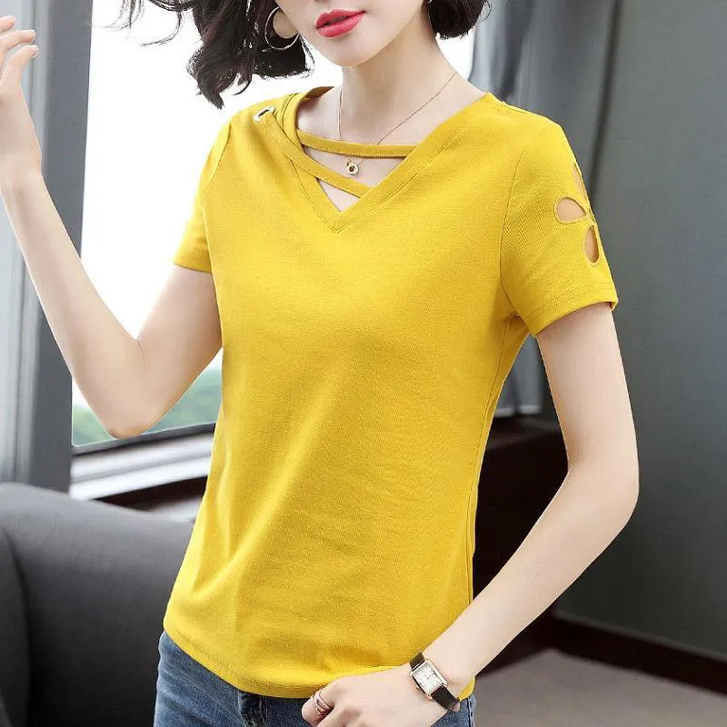 Coton Femmes T-shirts Tops Lady Casual Spring Summer Style à manches courtes O-Cou Patchwork Pull T-shirts Tops 210317