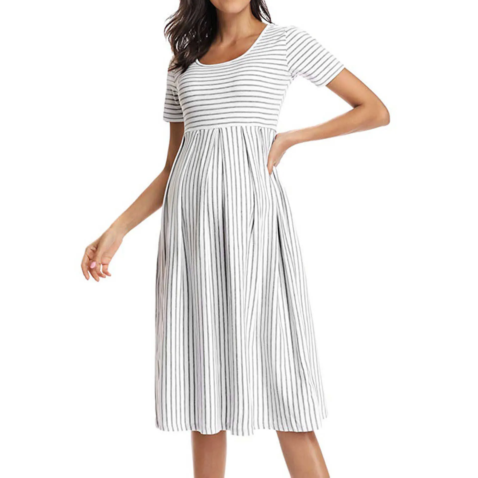 Causal Woman Maternity Nursing Dress O-neck Stripe Short Sleeve Breast-feeding Pregnant Maternity Clothes Zwangerschaps Kleding Y0924