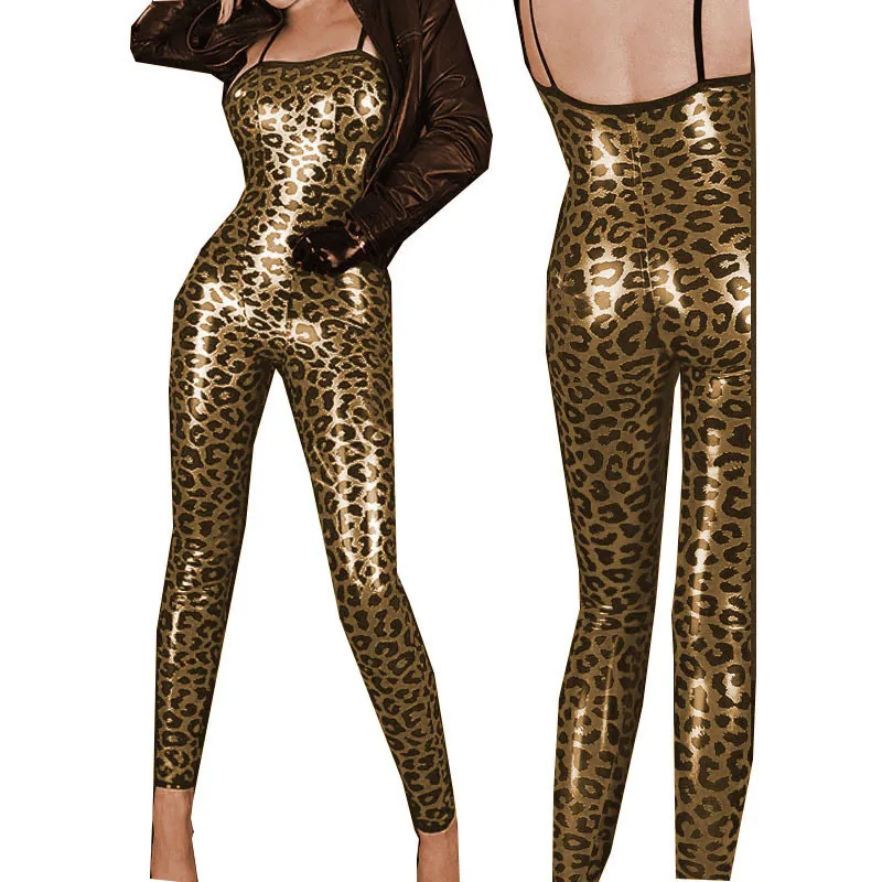 4 Farben dünner trägerloser Leopardenmuster-Overall Frauen Spaghettibügel Catsuit Sexy rückenfreier Strampler Nachtparty Cosplay Clubwear 210317