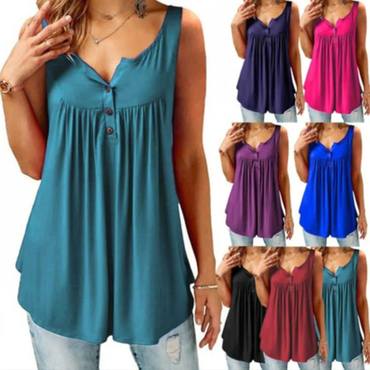 Plus Size 6XL Summer Tank Top Womens Tunic Button Neck Tops Sleeeless Loose Casual Camis Ladies Women Top Haut Femme Y0824