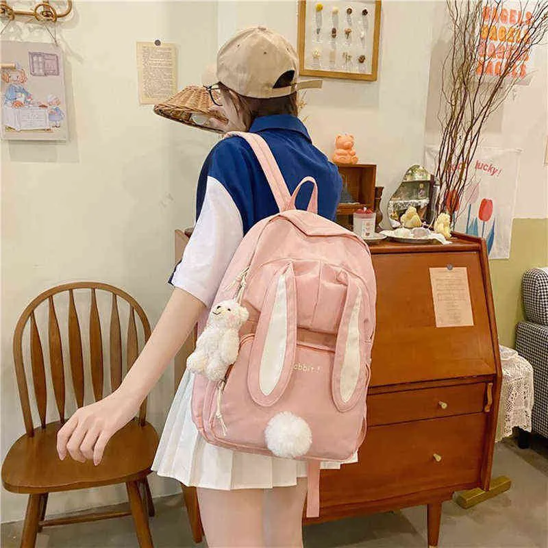 カワイイバニーバックパック日本語ホワイト高校生学校バッグ3Dウサギテールバッグ大容量防水袋モチラY2459