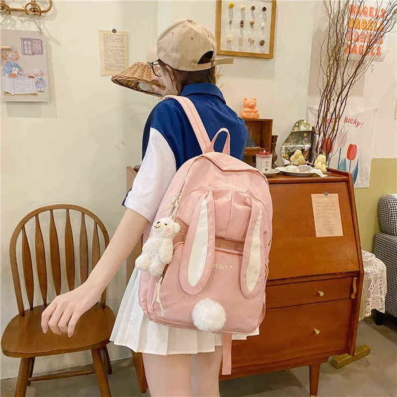 Kawaii Bunny Backpack Japão White High School Girl School Bag 3D Rabbit Tail Bag de grande capacidade Bolsa feminina à prova d'água Mochila Y308V