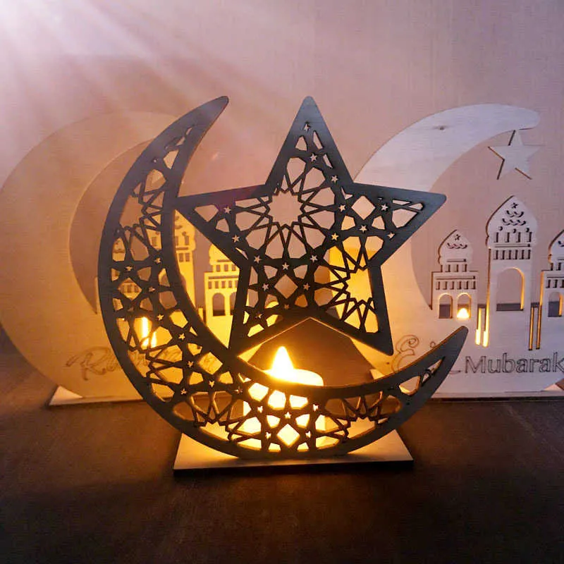 Eid Mubarak Houten Hanger Ramadan Decoratie LED Kaarsen Licht Maan Ster Houten Ambachten Eid Mubarak Decor voor Home Eid Al Adha Y0730