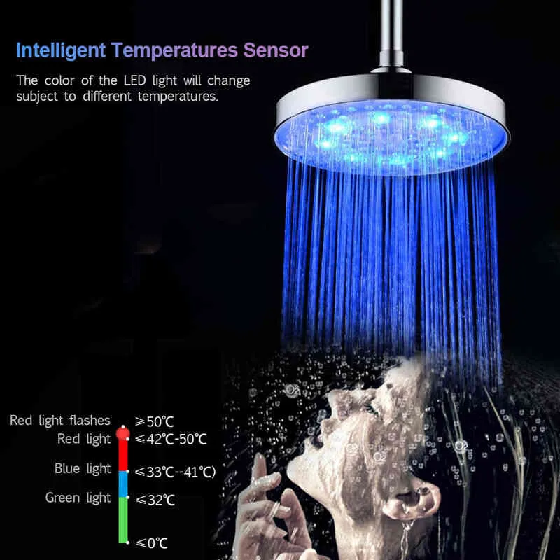 8インチRGB LEDライトシャワーヘッドラウンド自動変更節水雨高圧バスルーム雨量シャワーH1209