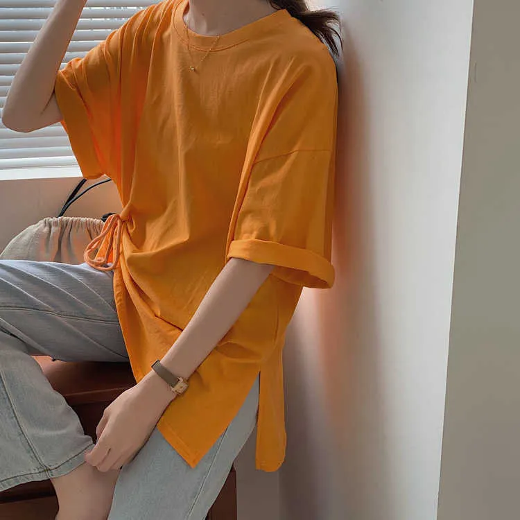 Spring and Summer Wear Bottoms Dames Wave Koreaanse versie Losse-Cut Fork Cord Shirt met korte mouwen T-shirt Top 210529