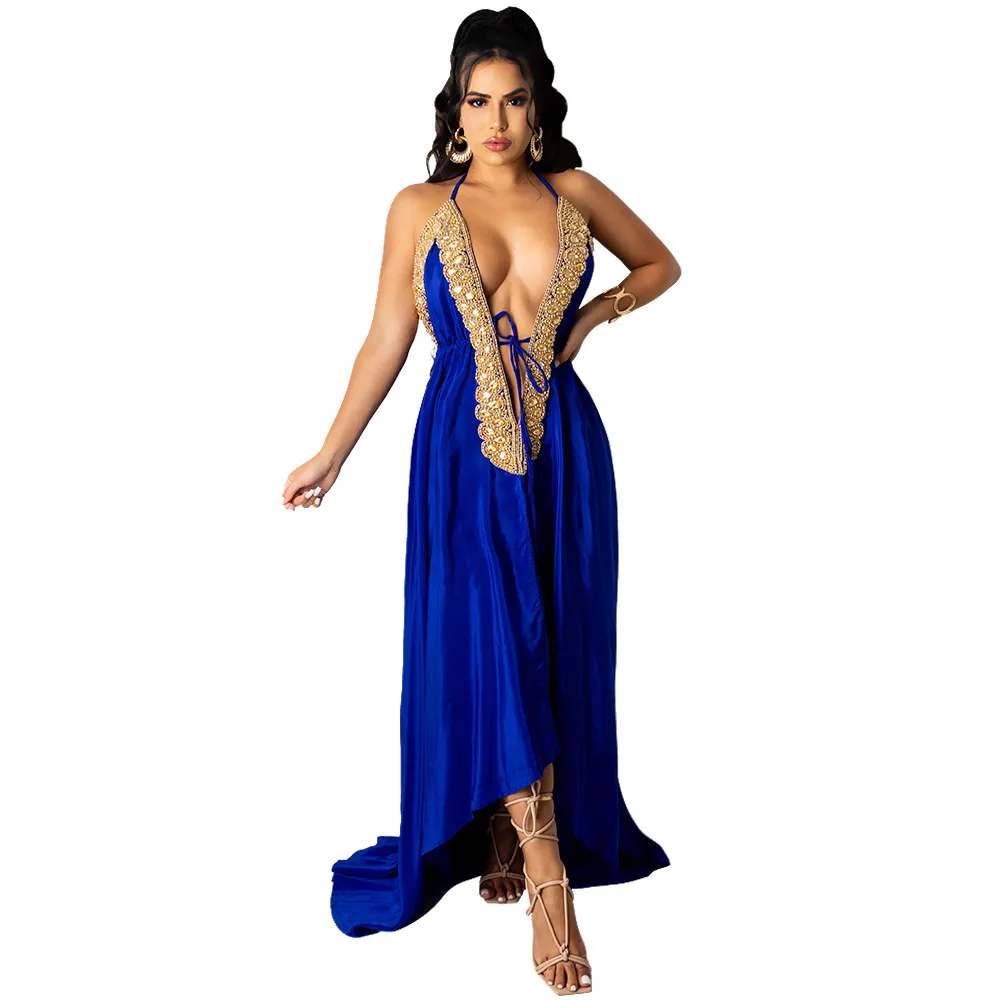 V Neck Sexy Slim Elastic Waist Maxi Dress Vintage Print Lace-Up Backless Long Elegant Halter Sleeveless Party Women 210525