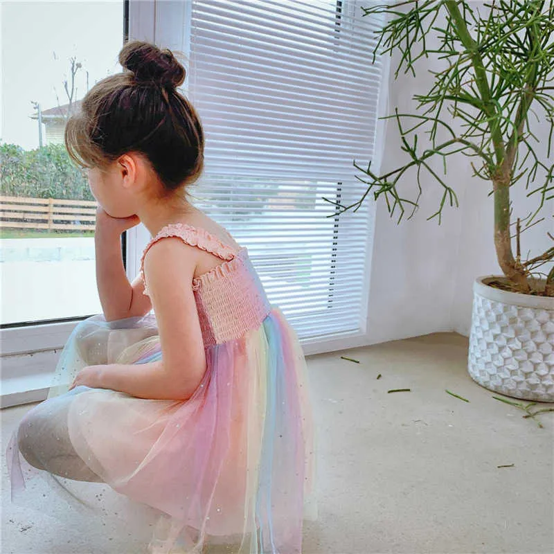 Девушки платье Радуга скомканная сетка подвеска принцесса вечеринка летняя мода ребенка детская детская одежда 210625