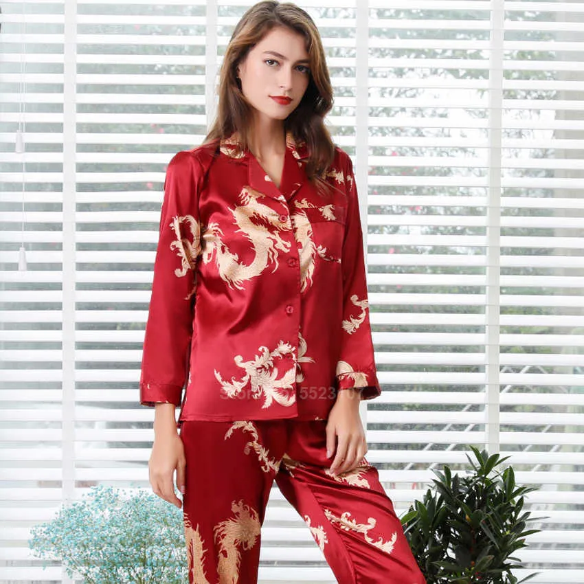 Women Silk Satin Pajamas Set Full Sleeve Top Trousers Chinese Style Year Dragon Print Lounge Men Couple's Pyjamas PJs 210831