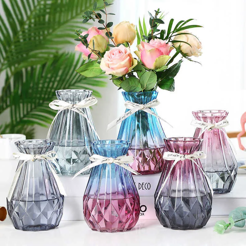 Nordic Home Decoration Glass Vase Room Decoration Flower Pot Color Crystal Hydroponic Plant Flower Arrangement Desktop Crafts 210623