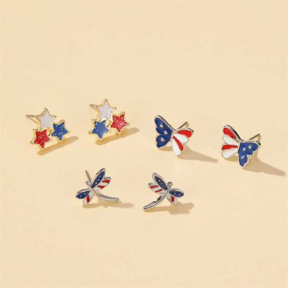 Boucles d'oreilles drapeau américain en gros style européen et américain doux coloré trois étoiles libellule papillon boucles d'oreilles en gros Q0709