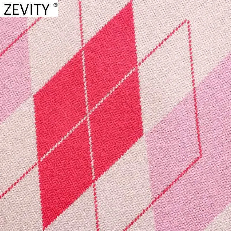 Zevity Women Vintage V Neck Geometric Patchwork Short Knitting Sweater Female Sleeveless Casual Vest Chic Waistcoat Tops SW699 210603