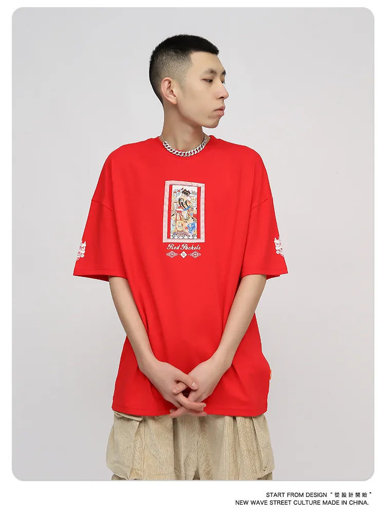 남자 티셔츠 중국어 스타일 짧은 소매 인쇄 디자인 패션 느슨한 힙합 커플
