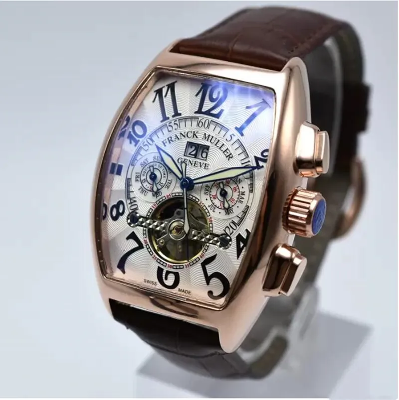 2021 Geneva Luxury Leather Band Tourbillon Mechanical Men Watch Drop Day Skeleton Automatiska män KLAVAR GENTS243Y