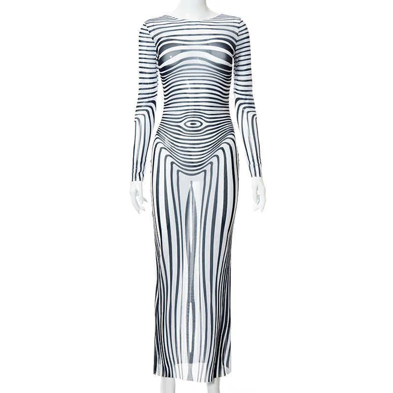 2021 Осенняя новая полосатая с длинными рукавами Сетка прозрачный Платье с длинным юбком Y1006