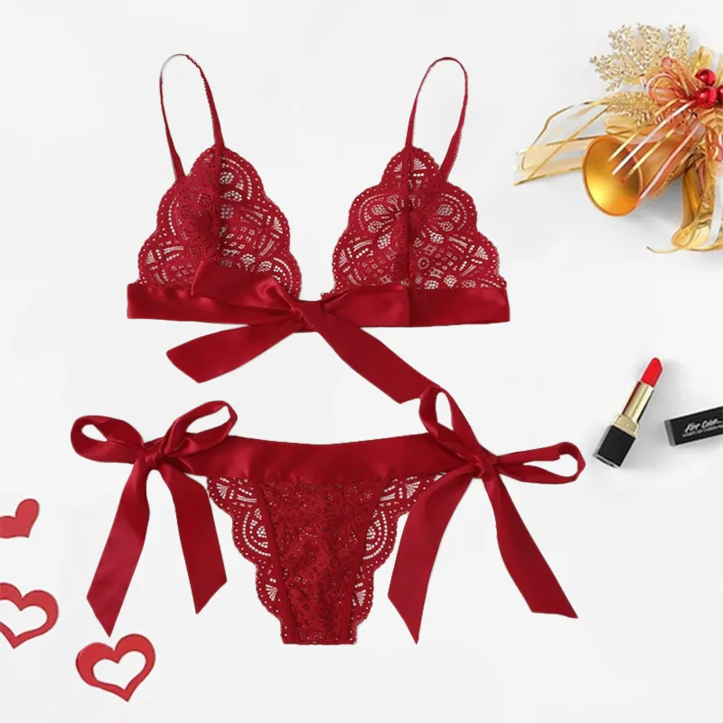 Ensemble de Lingerie rouge Sexy avec nœud en dentelle, vêtements de nuit pour femmes, col en V, soutien-gorge Transparent, sans manches, intimes, Bralette et culotte en dentelle