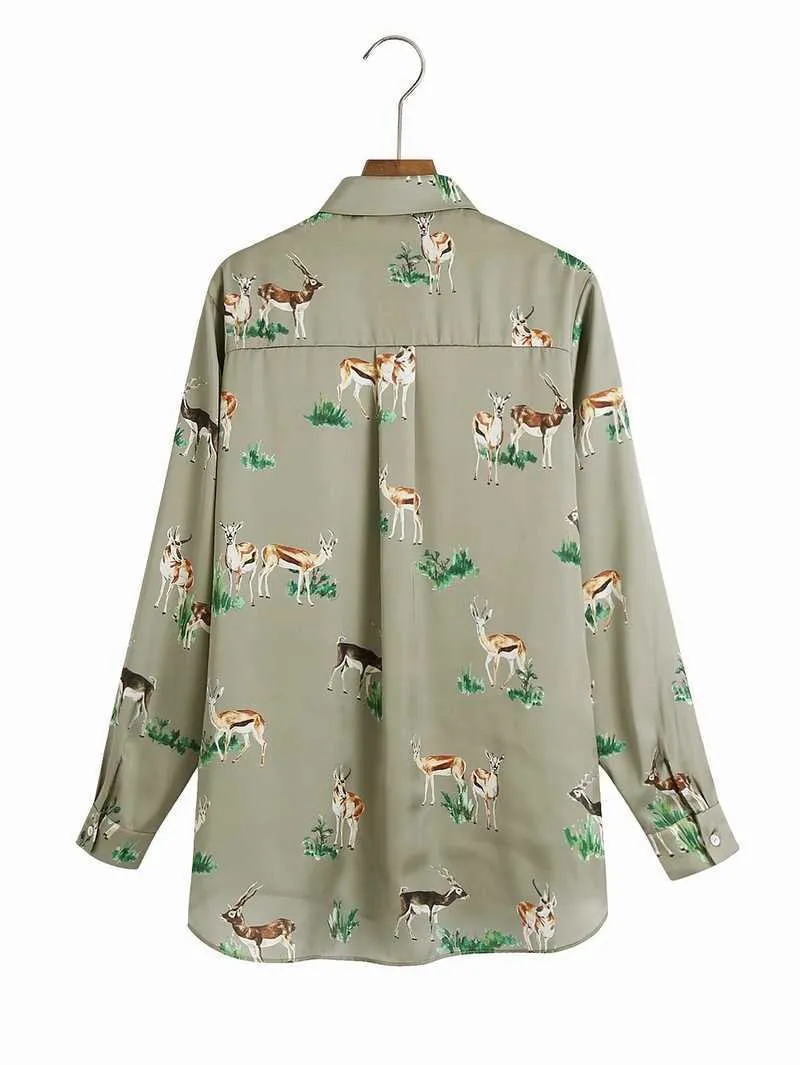 Mujeres camisa suelta primavera moda manga larga animal ciervos impresiones moderna dama blusa ropa al por mayor 210602