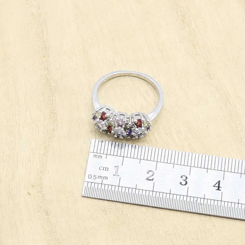 MULTICOLOR CZ Серебряные цветные ювелирные наборы для женщин Подвески Ожерелье Подвески Браслеты Серьги Rings Бесплатная подарочная коробка H1022