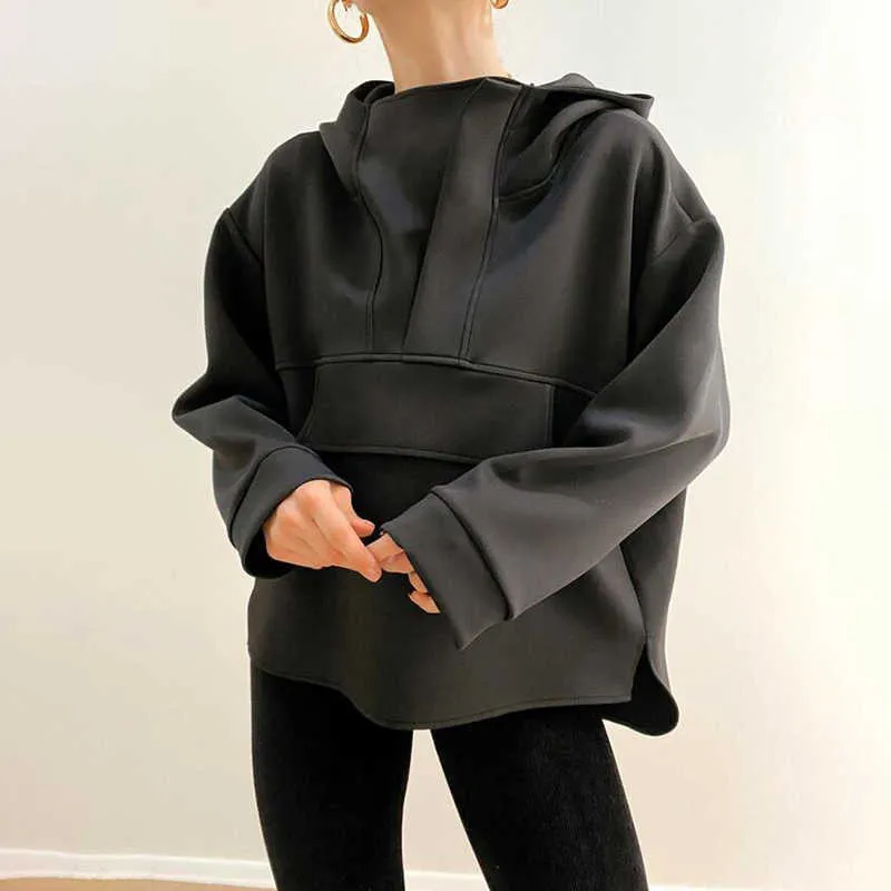 Insta moda mujer sudaderas con capucha de gran tamaño dobladillo asimétrico sólido negro blanco otoño sudadera ropa informal suelta con capucha pulóver Tops 210813