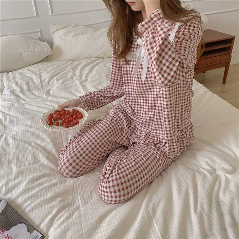 Sweet Soft Loose All Match Sleepwear Princess Plaid HomeWear Casual Geometric Femme Pyjamas sätter 210525