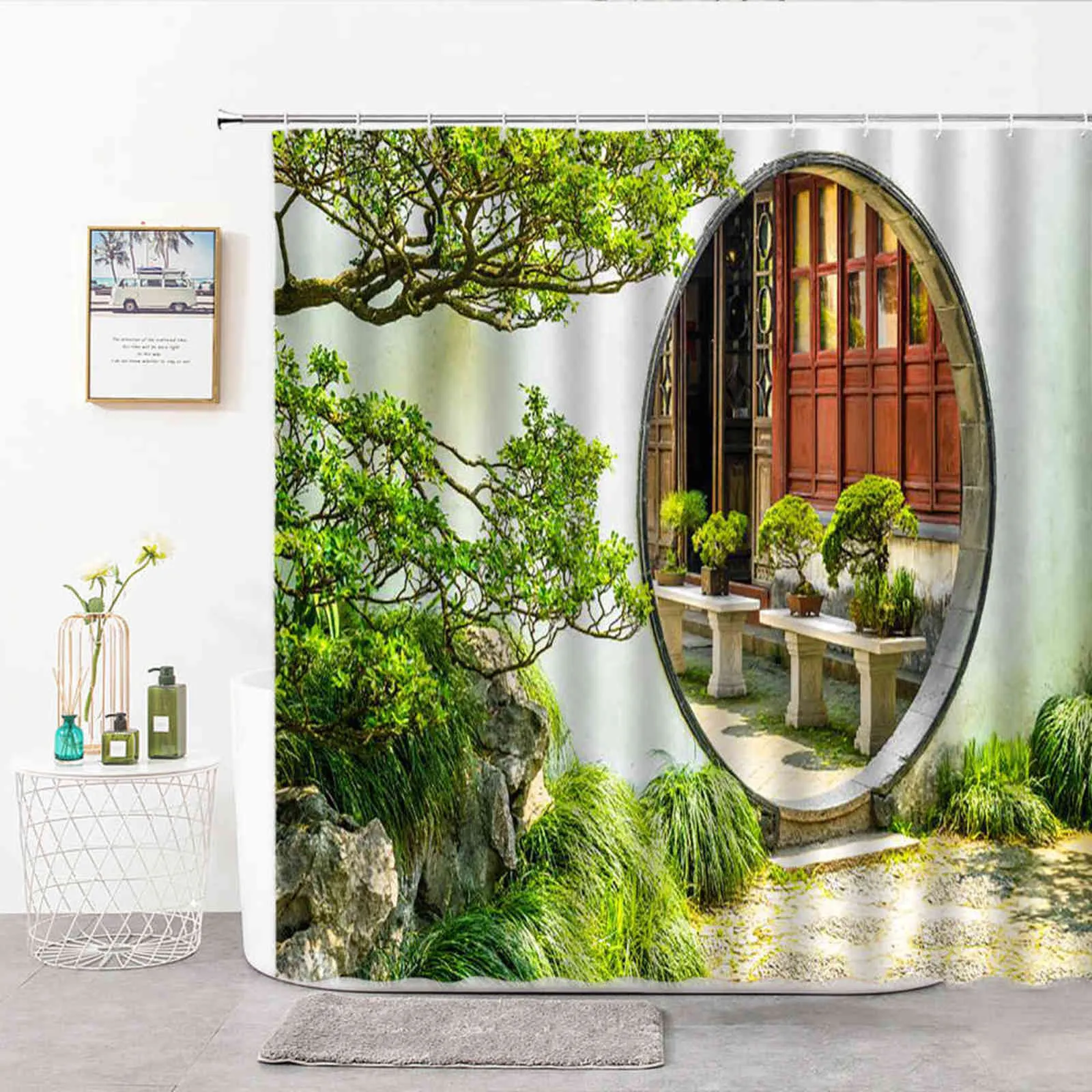 Chinês moon gate chuveiro cortinas paisagem jardim impresso banheiro cortina poliéster pano cortina de banho para decoração do banheiro 211116