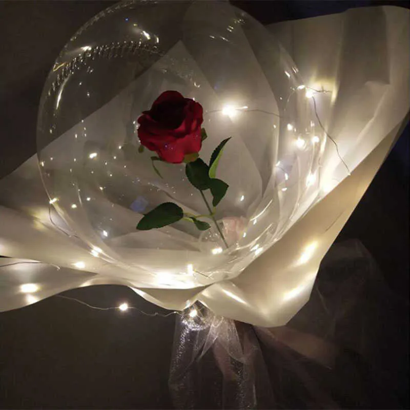 20 pouces 7,5 cm de large Mouce Transparent Bobo Ballons LED Rose Ballon Bouquet Fête d'anniversaire Saint Valentin Mariage Globos 210626