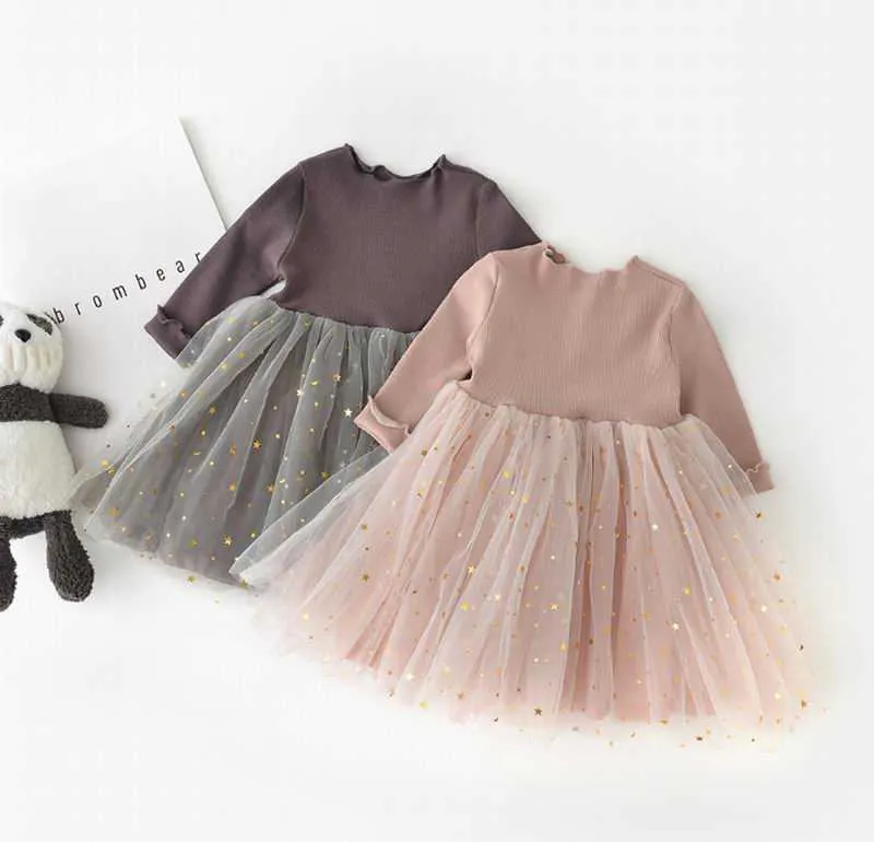赤ちゃんの女の子のための小売プリンセスドレス韓国語版の輝く五芒星の長袖の子供服9m-4T E83025 210610