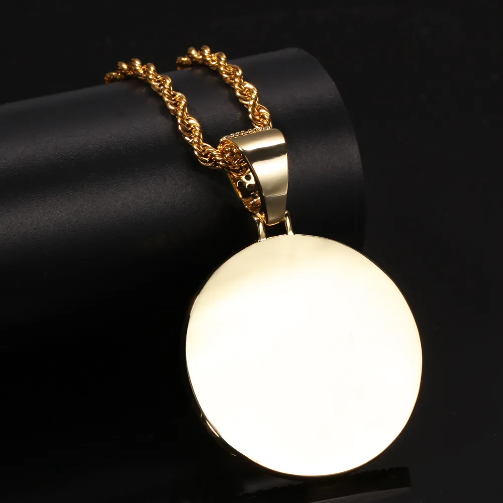 Custom Pos Necklace Fashion Gold Plated Circle Memory Iced Out Pendant Necklaces Mens Hip Hop Jewelry320A