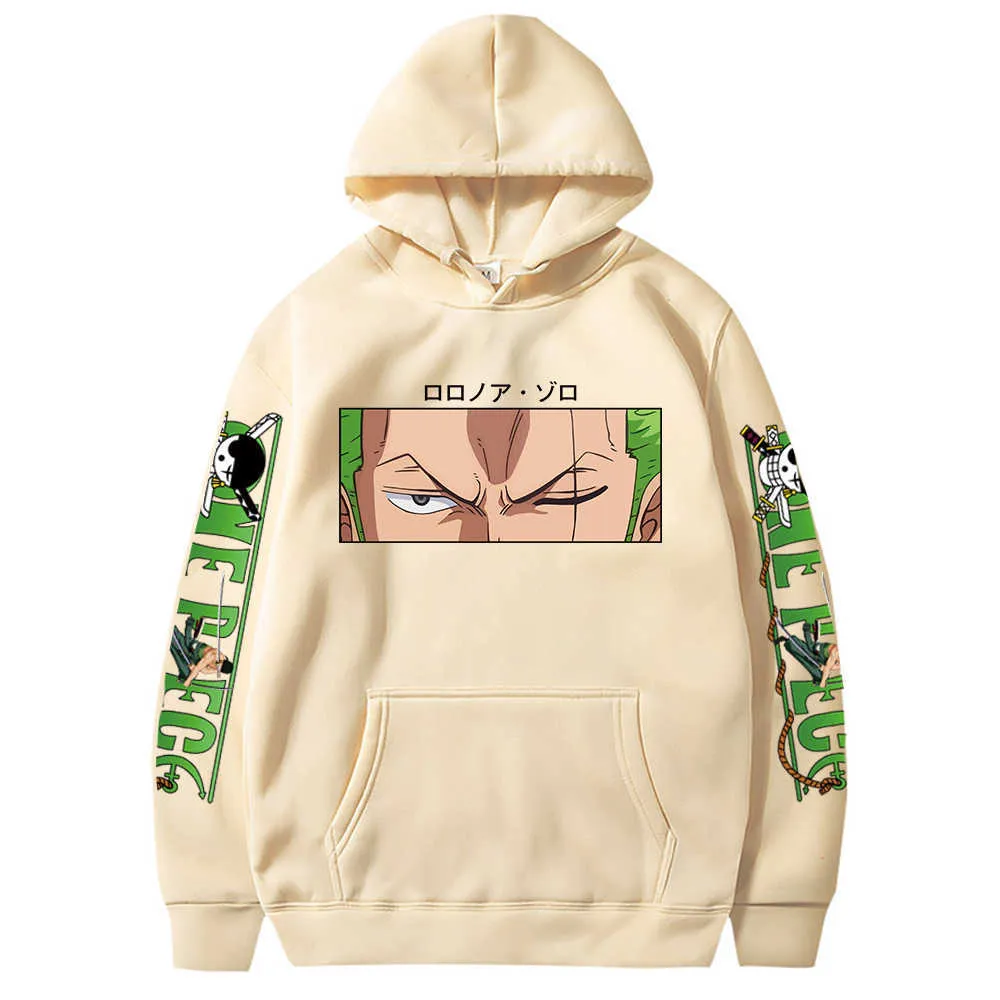 Hot Roronoa Zoro Print Hoodies Masculino Feminino One Piece Anime Sweatshirts Bolsos com Capuz Streetwear Roupas Harajuku H0823